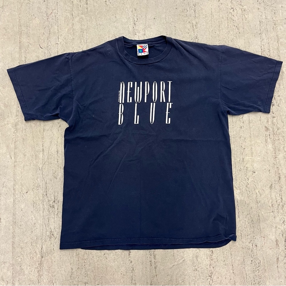 Newport Blue Vintage 90's Blue Spellout Logo Reverse Mens T-Shirt Size XL 1993